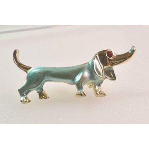 Rare Vintage Aqua Blue Color Dachshund Dog Brooch With Red Eye